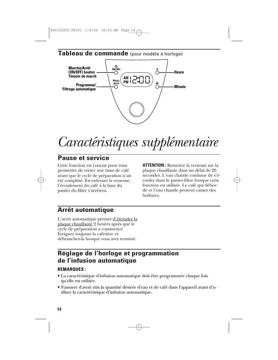 Caractéristiques supplémentaire, Pause et service, Tableau de commande | GE 168987 User Manual | Page 14 / 28