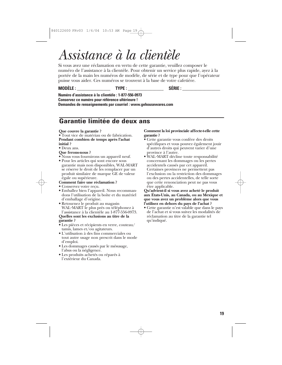 Assistance à la clientèle, Garantie limitée de deux ans | GE 168987 User Manual | Page 19 / 28