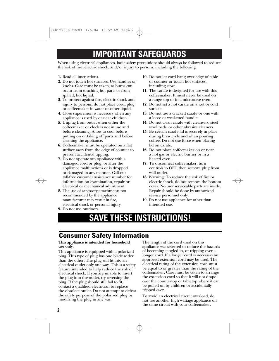 Important safeguards save these instructions, Consumer safety information | GE 168987 User Manual | Page 2 / 28