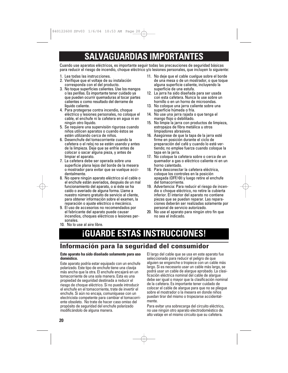 Información para la seguridad del consumidor | GE 168987 User Manual | Page 20 / 28