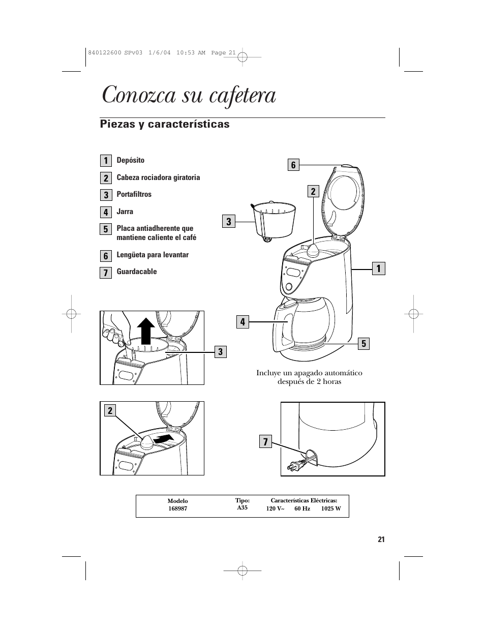 Conozca su cafetera, Piezas y características | GE 168987 User Manual | Page 21 / 28