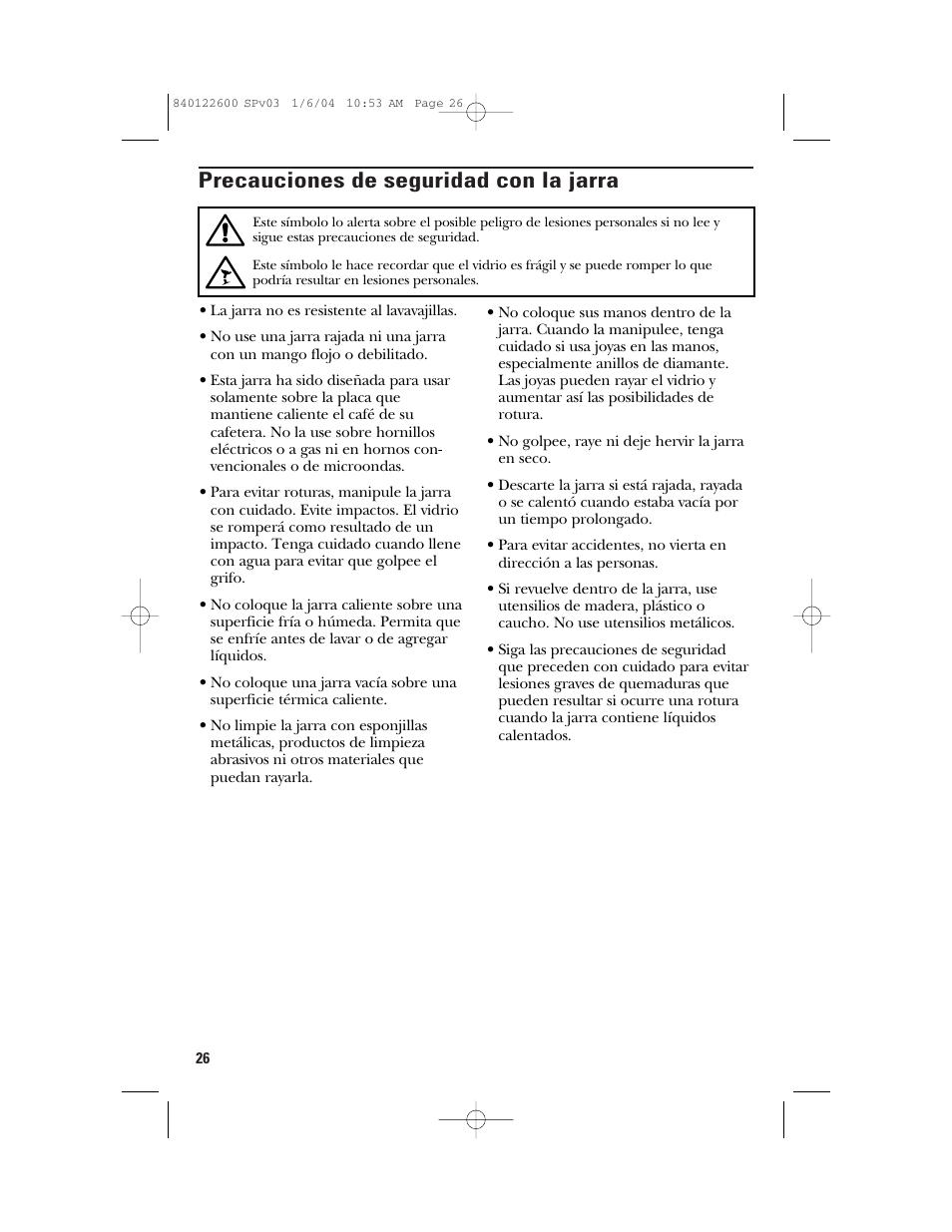 Precauciones de seguridad con la jarra | GE 168987 User Manual | Page 26 / 28