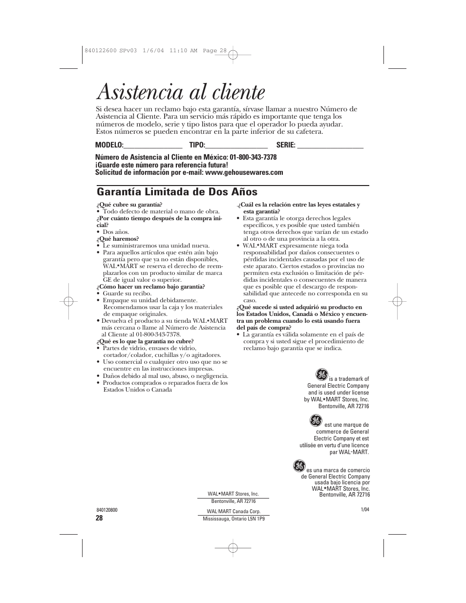 Asistencia al cliente, Garantía limitada de dos años | GE 168987 User Manual | Page 28 / 28