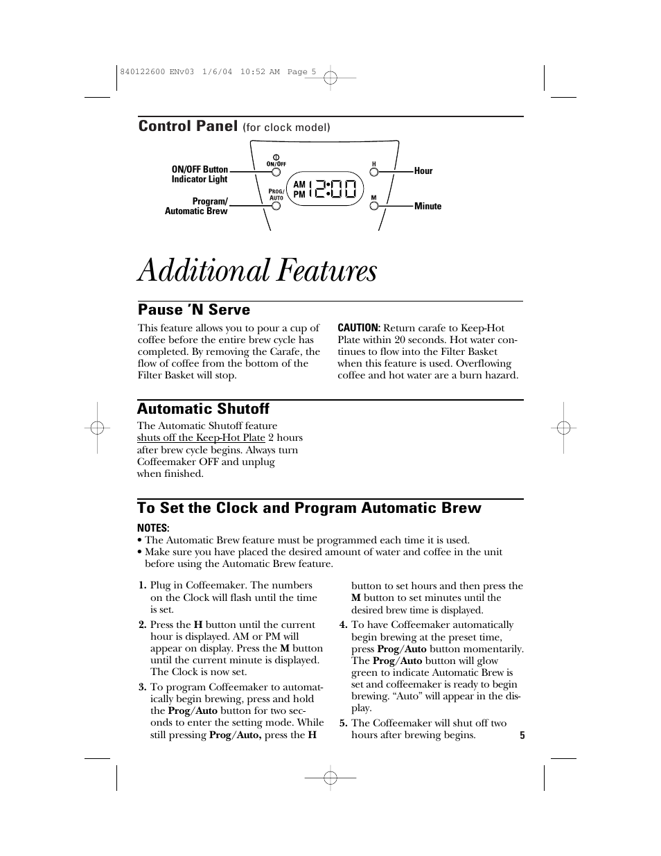 Additional features, Control panel, Automatic shutoff | Pause ’n serve | GE 168987 User Manual | Page 5 / 28