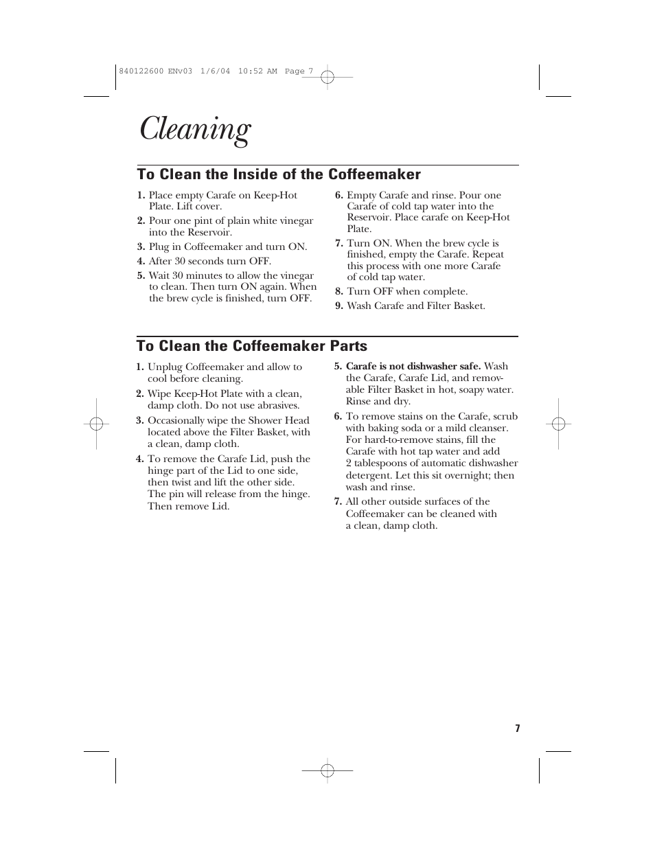 Cleaning | GE 168987 User Manual | Page 7 / 28