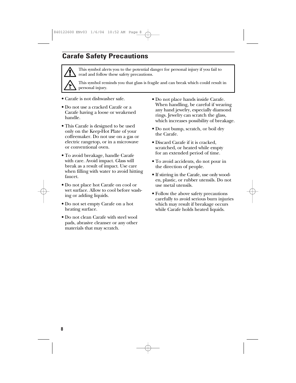 Carafe safety precautions | GE 168987 User Manual | Page 8 / 28