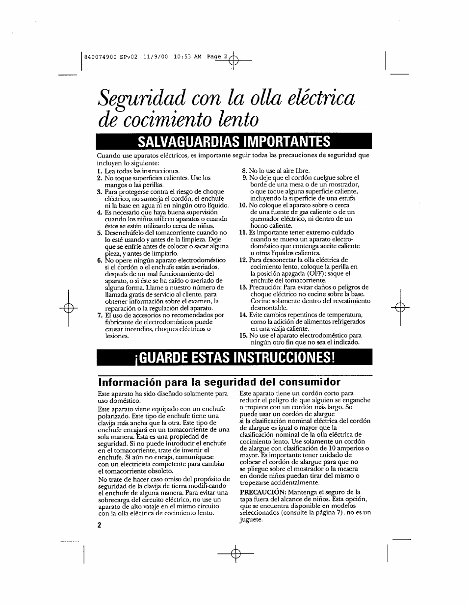 Información para la seguridad del consumidor, Seguridad con la olla eléctrica, De cocimiento lento | Salvaguardias importantes, Guarde estas instrucciones | GE 106661 User Manual | Page 10 / 16