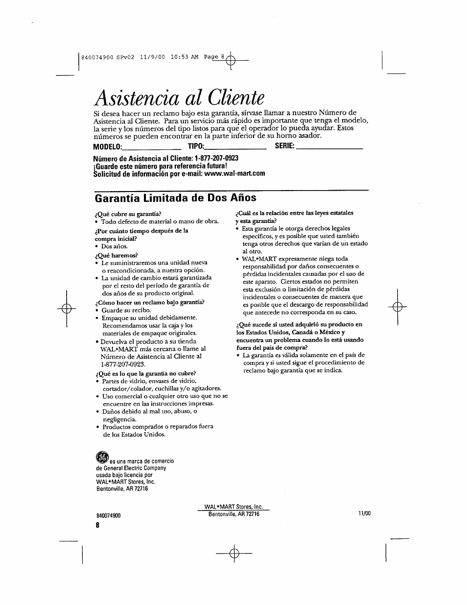 Asistencia al cliente, Modelo: tipo: serie, Garantía limitada de dos años | GE 106661 User Manual | Page 16 / 16