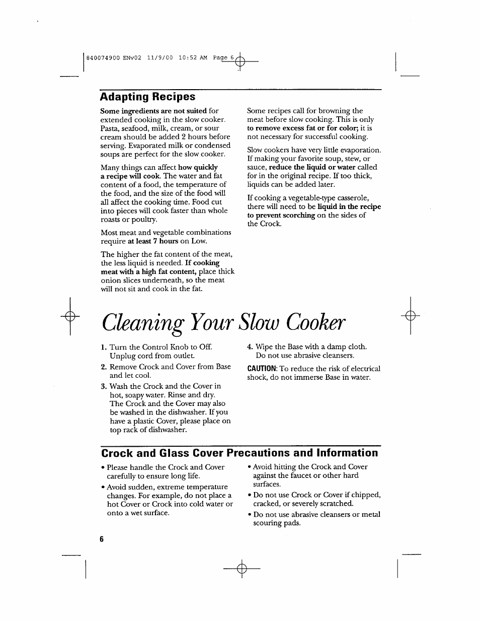 Adapting recipes, Cleaning your slow cooker, Crock and glass cover precautions and information | GE 106661 User Manual | Page 6 / 16