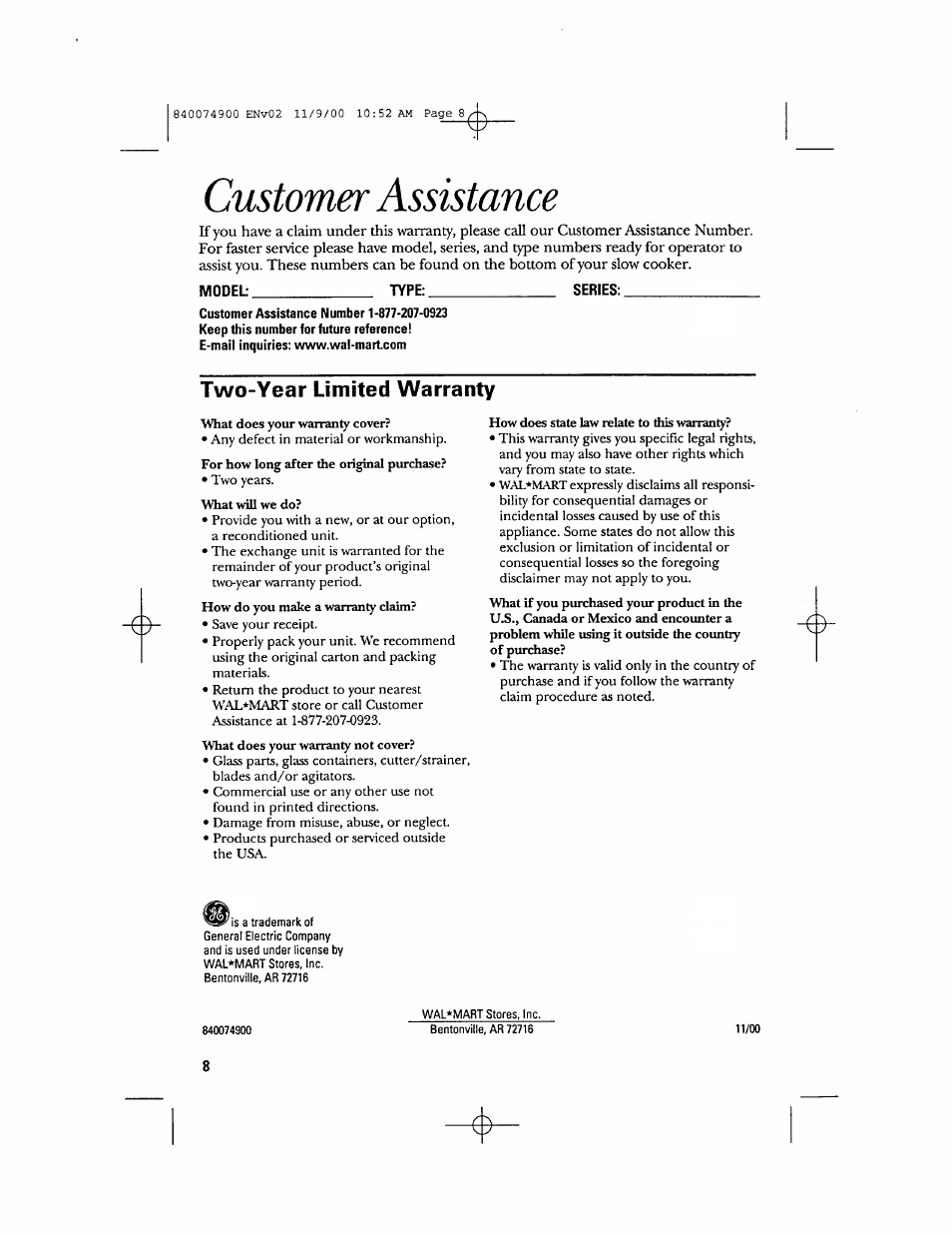 Customer assistance, Model type: series, Two-year limited warranty | GE 106661 User Manual | Page 8 / 16