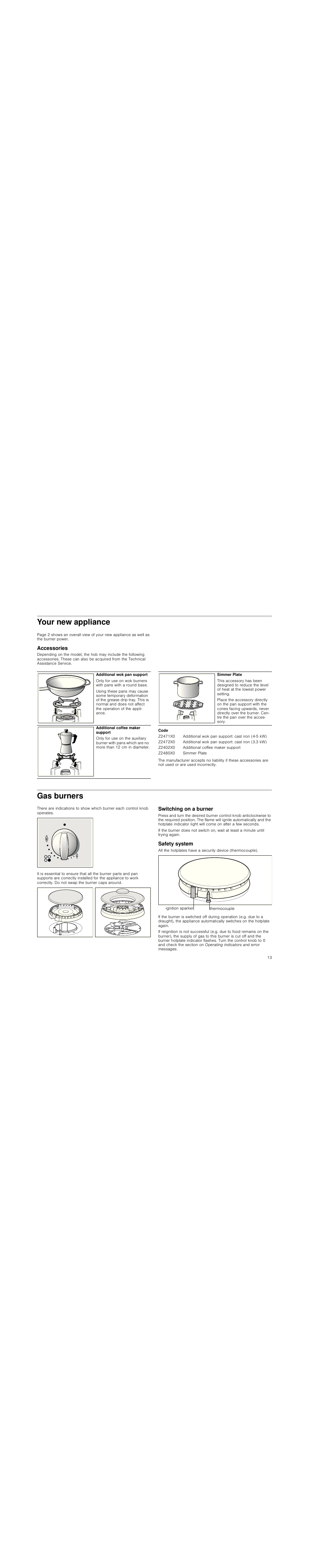Your new appliance, Accessories, Code | Gas burners, Switching on a burner, Safety system | Neff T23R46N0  EU User Manual | Page 13 / 35