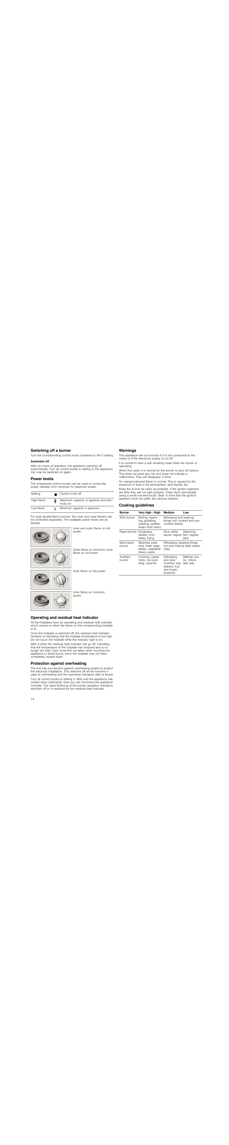 Switching off a burner, Automatic off, Power levels | Operating and residual heat indicator, Protection against overheating, Warnings, Cooking guidelines | Neff T23R46N0  EU User Manual | Page 14 / 35