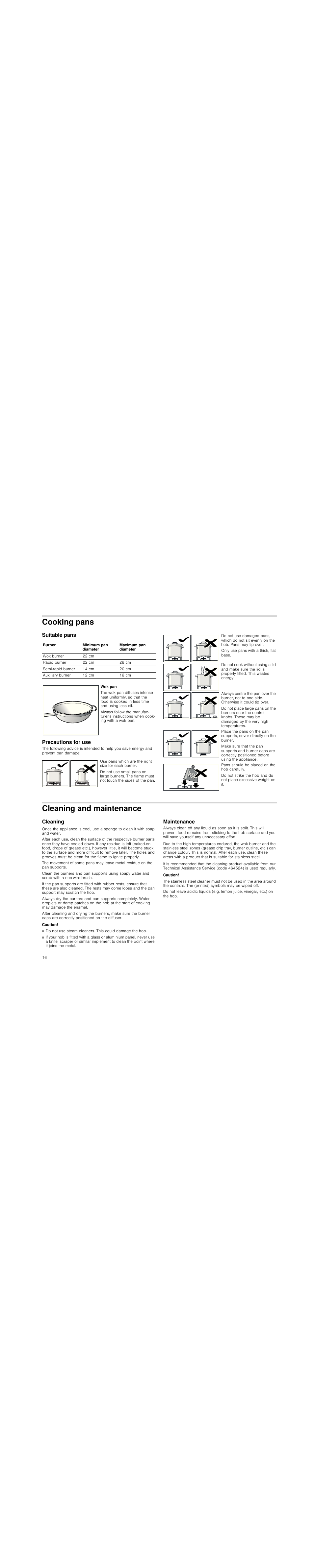 Cooking pans, Suitable pans, Precautions for use | Cleaning and maintenance, Cleaning, Caution, Maintenance | Neff T23R46N0  EU User Manual | Page 16 / 35