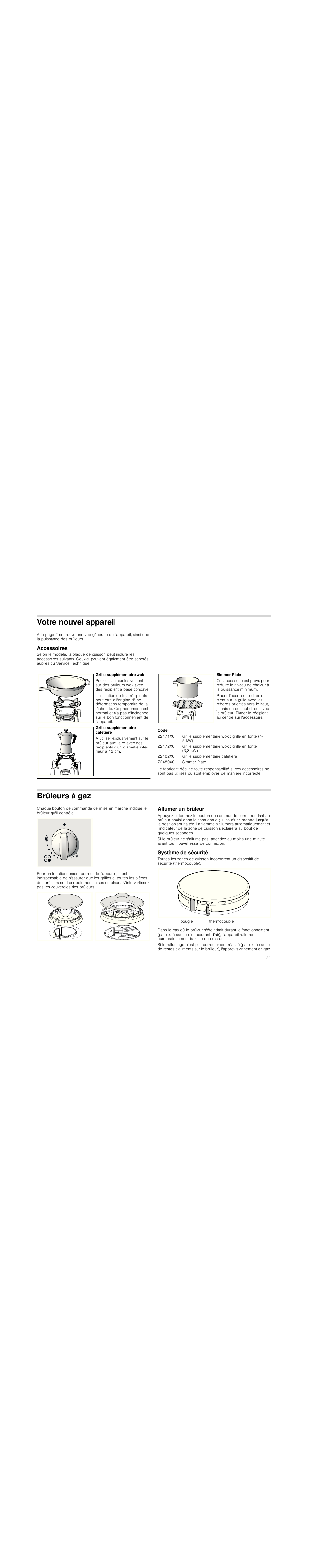 Votre nouvel appareil, Accessoires, Code | Brûleurs à gaz, Allumer un brûleur, Système de sécurité | Neff T23R46N0  EU User Manual | Page 21 / 35