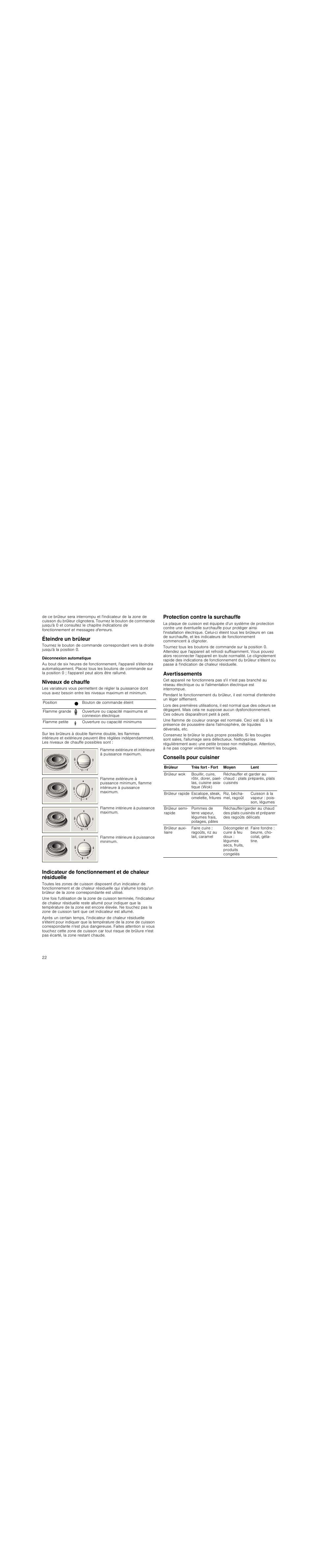 Éteindre un brûleur, Déconnexion automatique, Niveaux de chauffe | Protection contre la surchauffe, Avertissements, Conseils pour cuisiner | Neff T23R46N0  EU User Manual | Page 22 / 35
