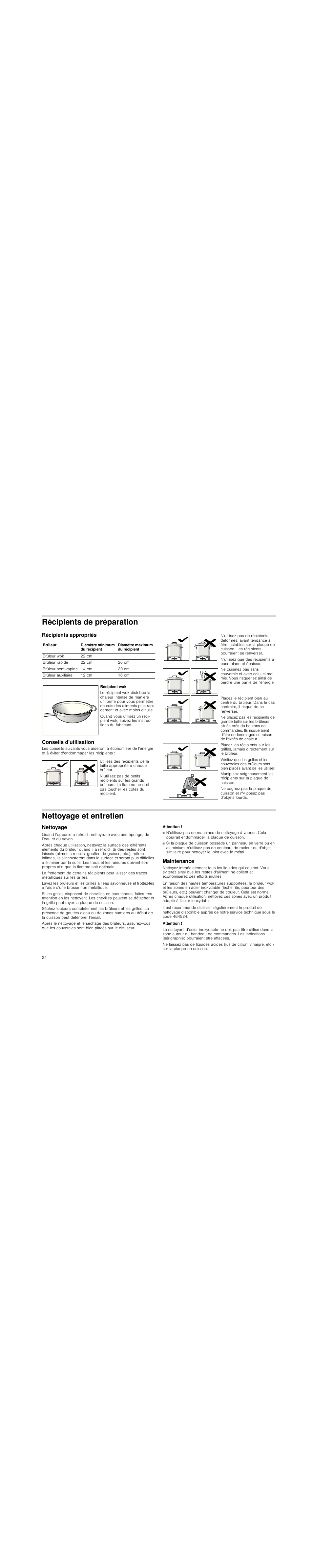 Récipients de préparation, Récipients appropriés, Conseils d'utilisation | Nettoyage et entretien, Nettoyage, Attention, Maintenance | Neff T23R46N0  EU User Manual | Page 24 / 35