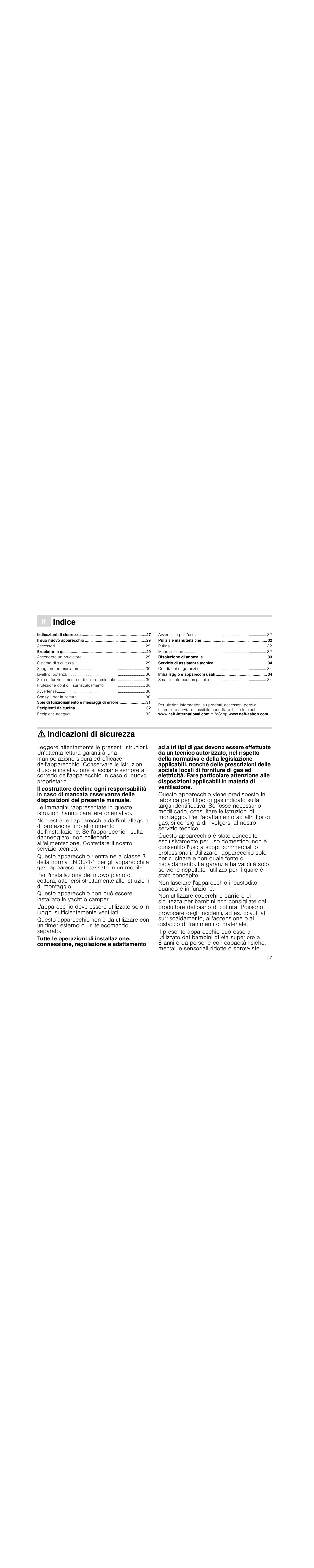 Â indice[it] istruzioni per l’uso, Indicazioni di sicurezza, Indice | Neff T23R46N0  EU User Manual | Page 27 / 35