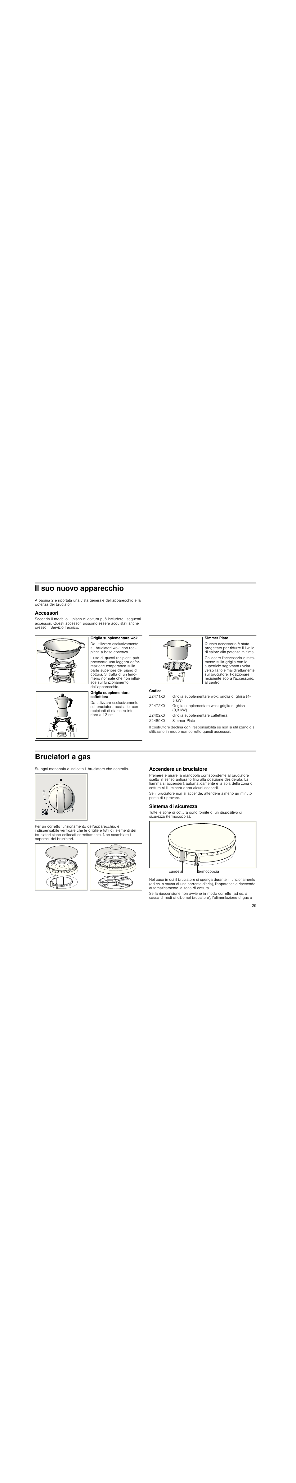 Il suo nuovo apparecchio, Accessori, Codice | Bruciatori a gas, Accendere un bruciatore, Sistema di sicurezza | Neff T23R46N0  EU User Manual | Page 29 / 35