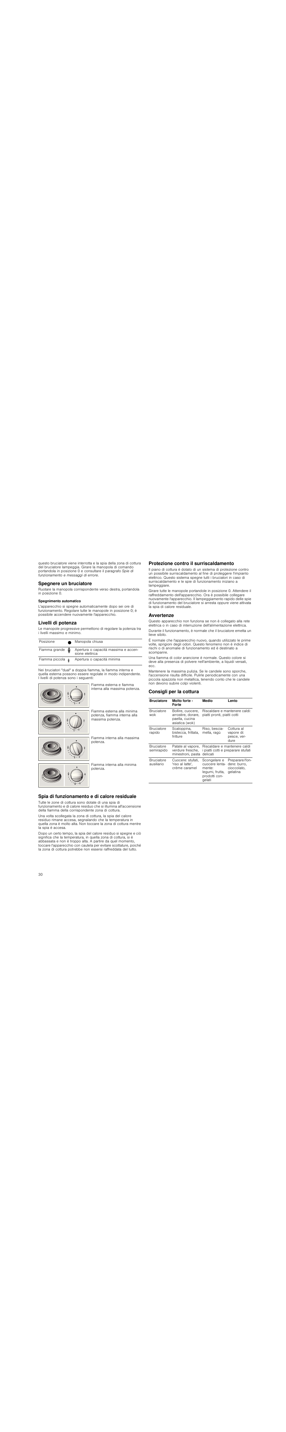 Spegnere un bruciatore, Spegnimento automatico, Livelli di potenza | Spia di funzionamento e di calore residuale, Protezione contro il surriscaldamento, Avvertenze, Consigli per la cottura | Neff T23R46N0  EU User Manual | Page 30 / 35