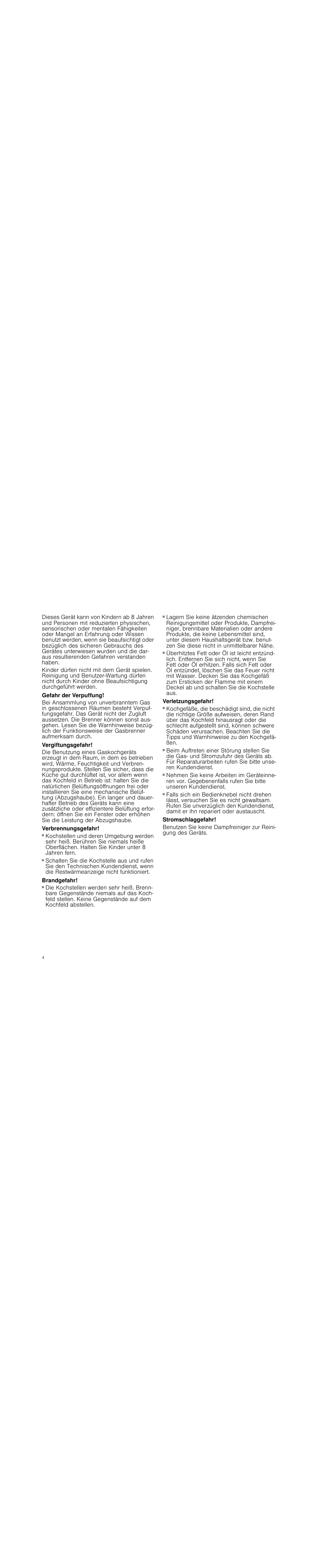 Gefahr der verpuffung, Vergiftungsgefahr, Verbrennungsgefahr | Brandgefahr, Verletzungsgefahr, Stromschlaggefahr | Neff T23R46N0  EU User Manual | Page 4 / 35