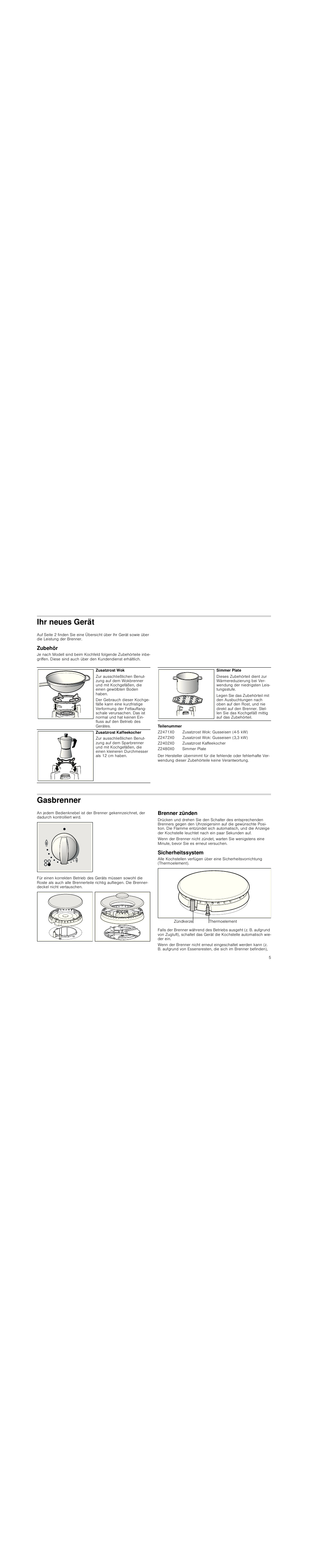 Ihr neues gerät, Zubehör, Teilenummer | Gasbrenner, Brenner zünden, Sicherheitssystem | Neff T23R46N0  EU User Manual | Page 5 / 35