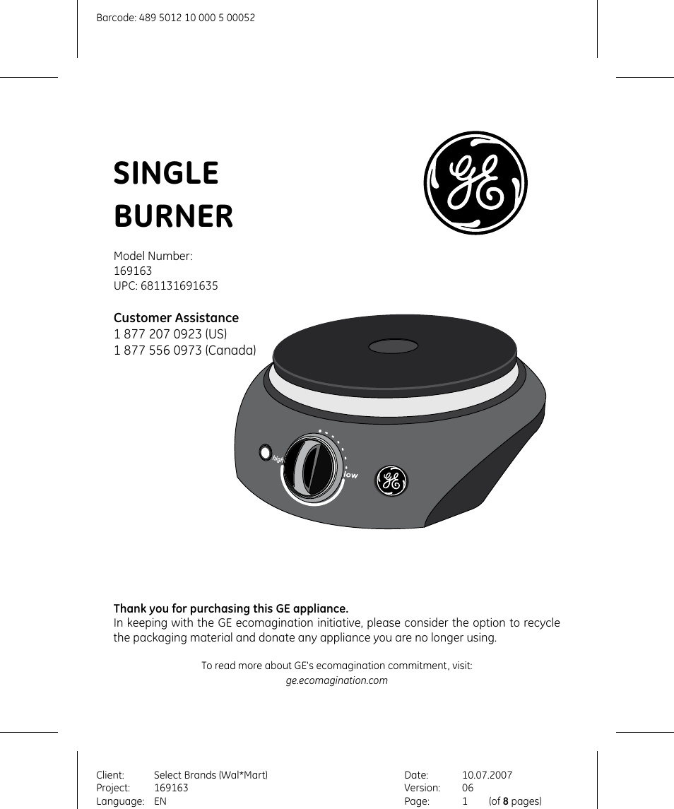 GE 169163 User Manual | 8 pages