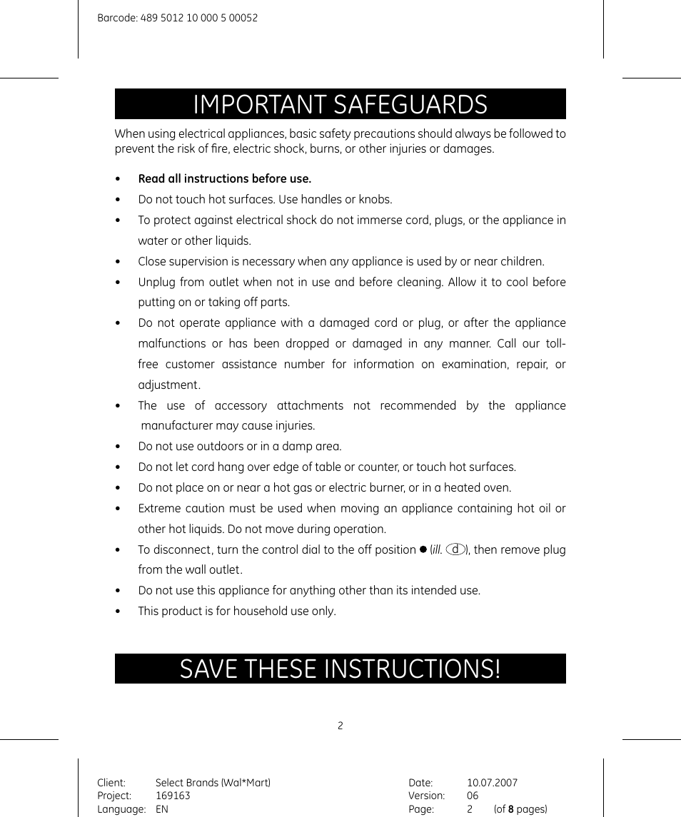 Important safeguards, Save these instructions | GE 169163 User Manual | Page 2 / 8