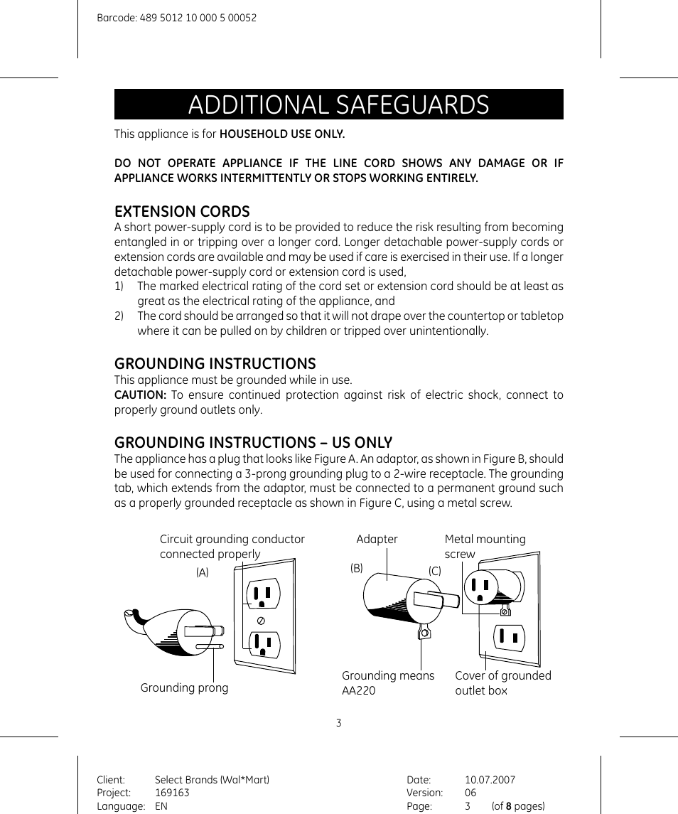 Additional safeguards, Extension cords, Grounding instructions | Grounding instructions – us only | GE 169163 User Manual | Page 3 / 8