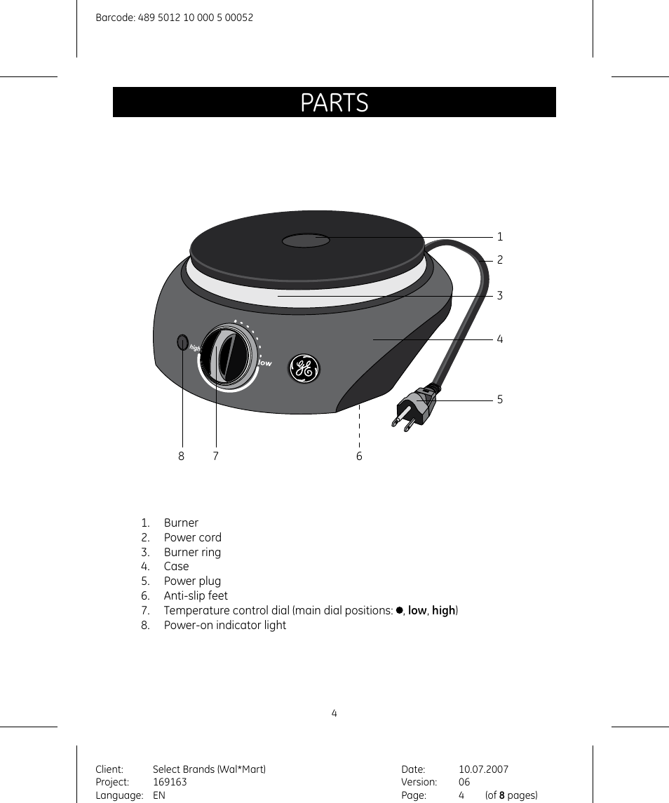 Parts | GE 169163 User Manual | Page 4 / 8