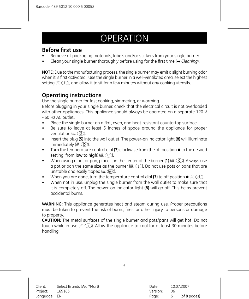 Operation, Before first use, Operating instructions | GE 169163 User Manual | Page 6 / 8