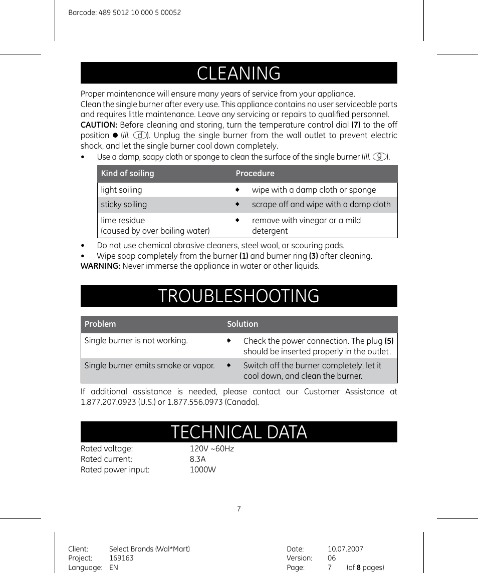 Cleaning, Troubleshooting, Technical data | GE 169163 User Manual | Page 7 / 8