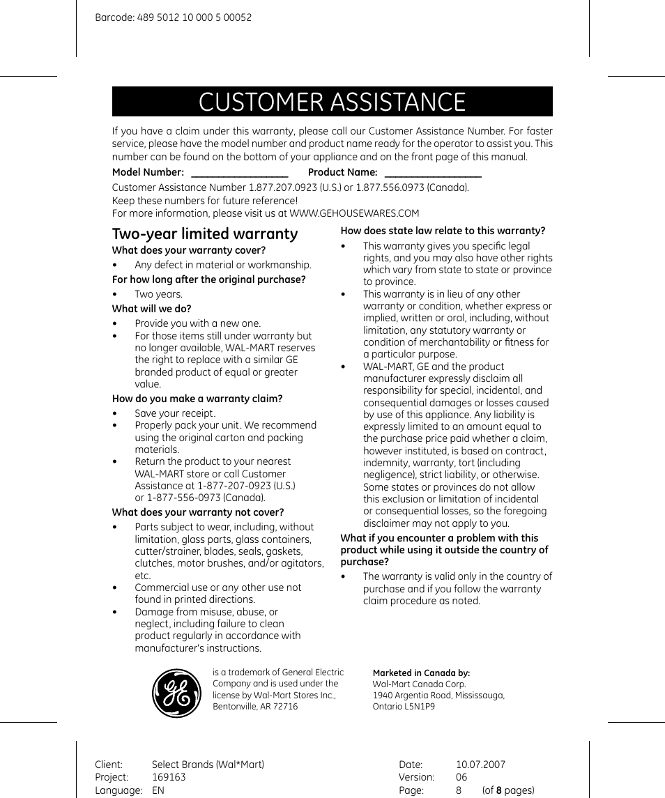 Customer assistance, Two-year limited warranty | GE 169163 User Manual | Page 8 / 8