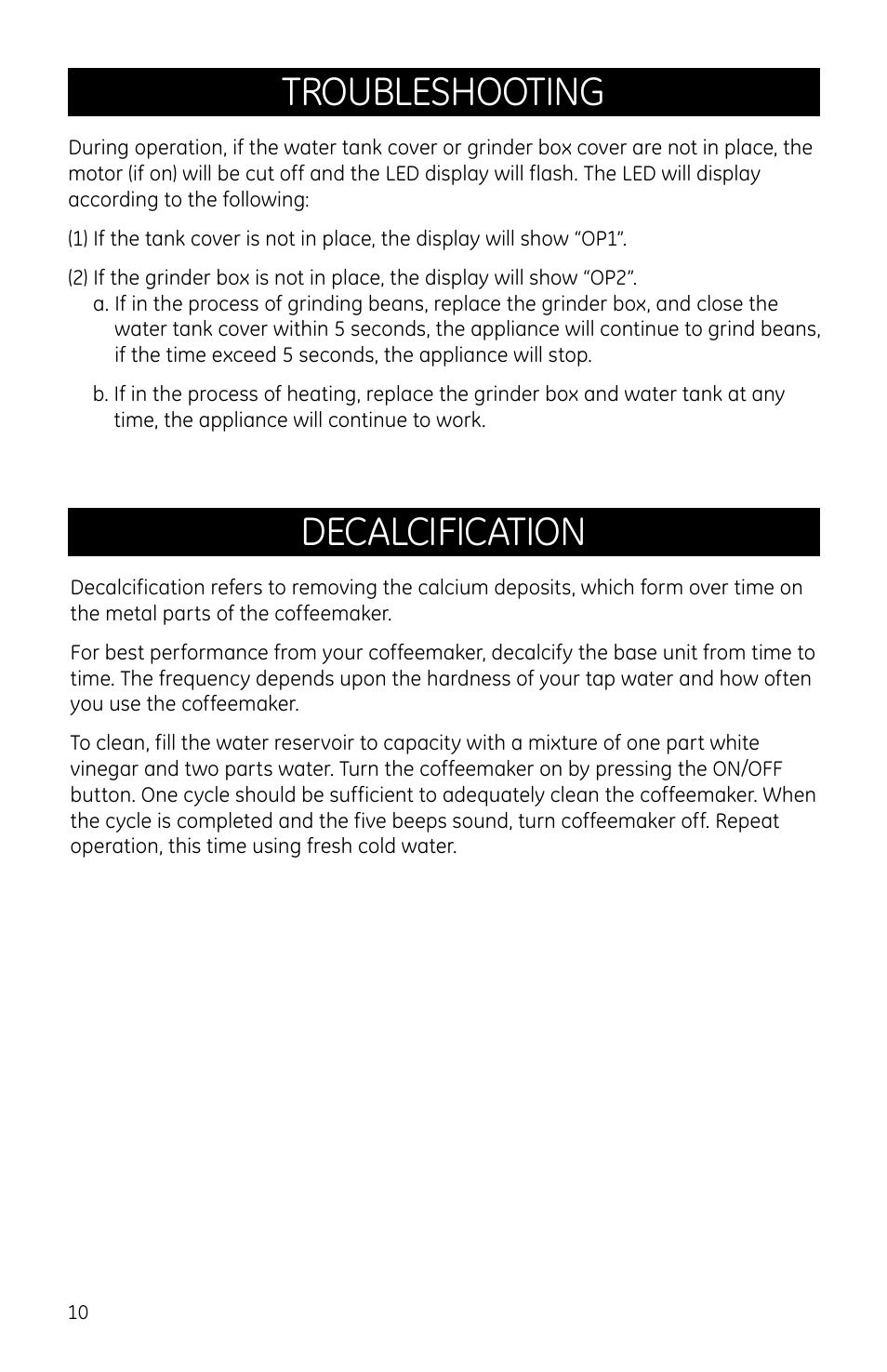 Troubleshooting, Decalcification | GE 169082 User Manual | Page 10 / 11