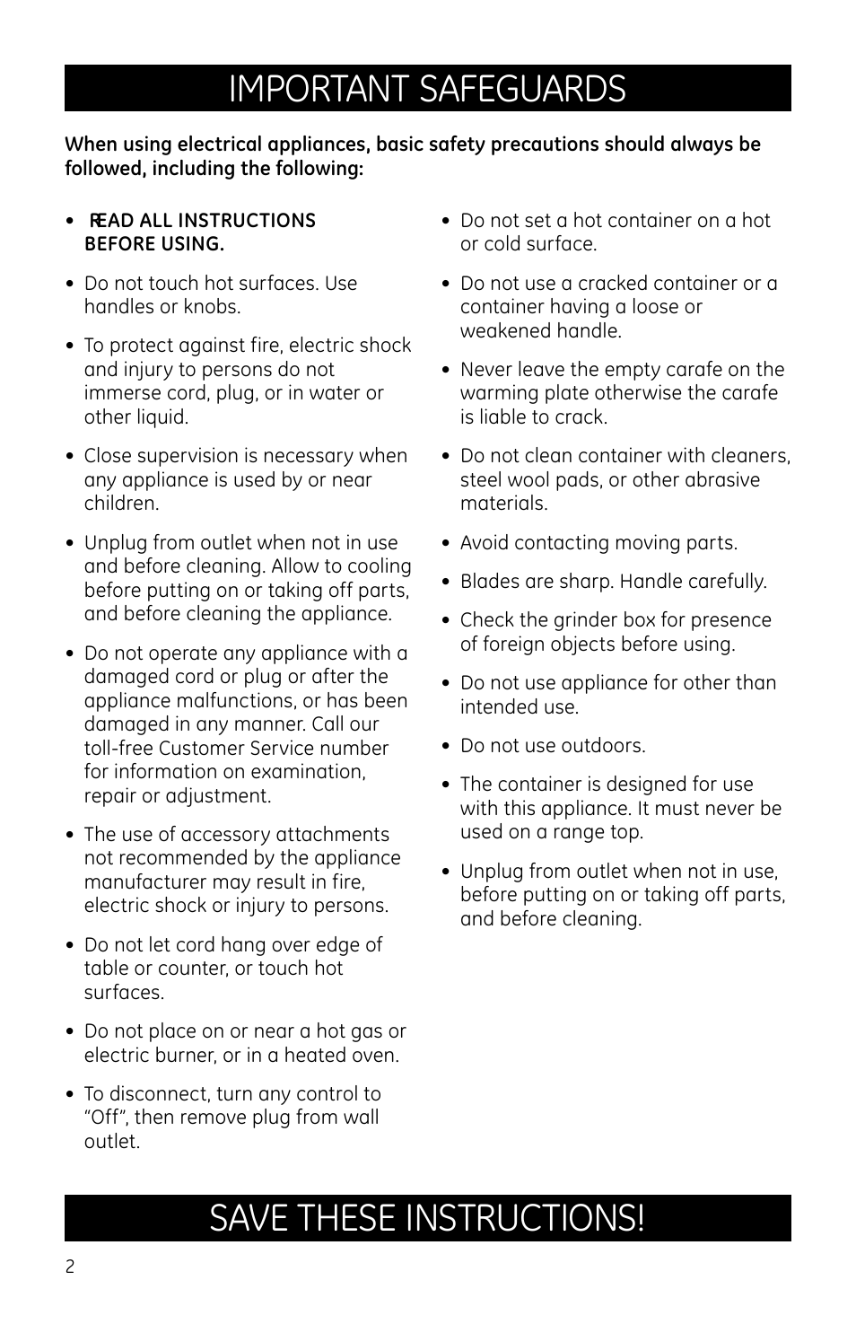 Important safeguards, Save these instructions | GE 169082 User Manual | Page 2 / 11