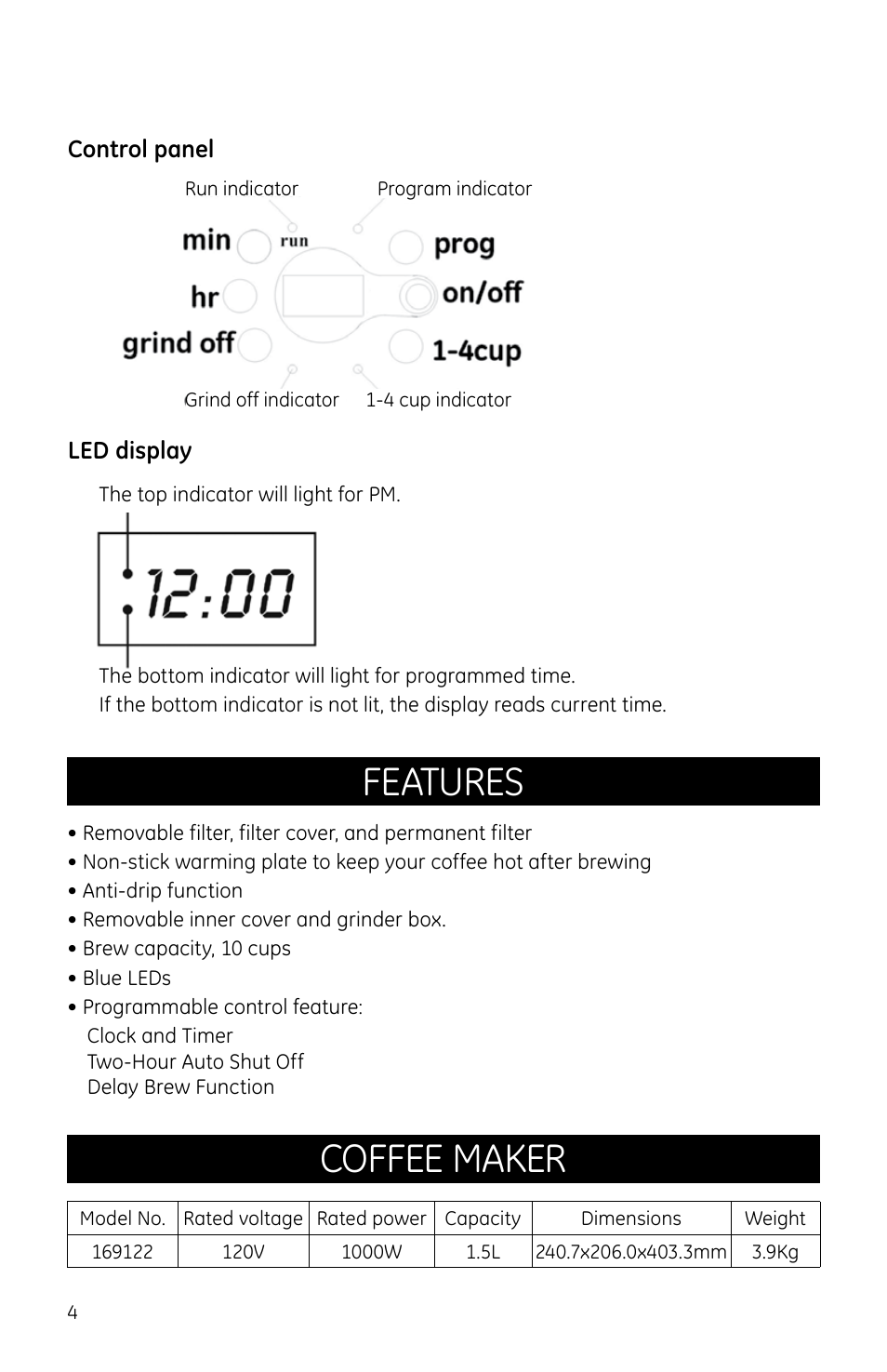 Features, Coffee maker | GE 169082 User Manual | Page 4 / 11