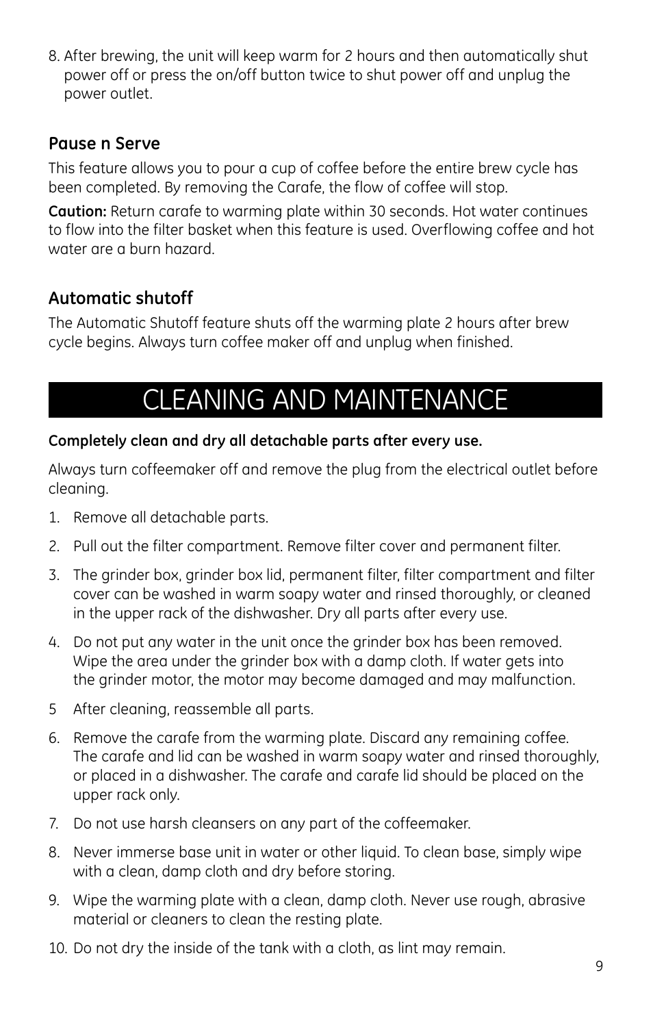Cleaning and maintenance | GE 169082 User Manual | Page 9 / 11