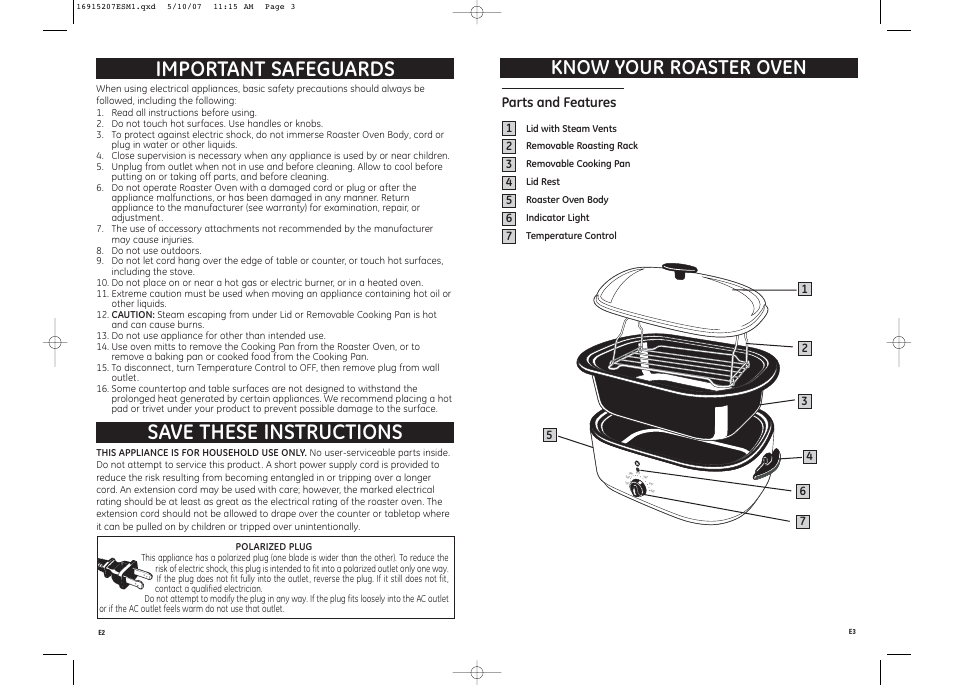 Save these instructions important safeguards, Know your roaster oven, Parts and features | GE 169152 User Manual | Page 2 / 5