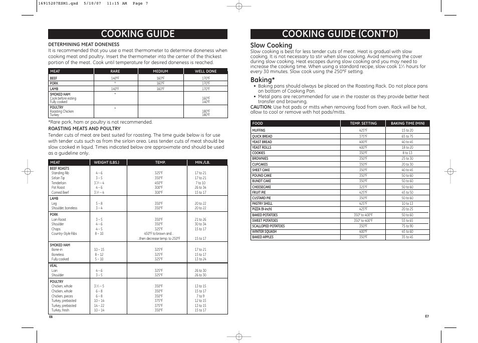 Cooking guide (cont’d), Cooking guide, Slow cooking | Baking | GE 169152 User Manual | Page 4 / 5