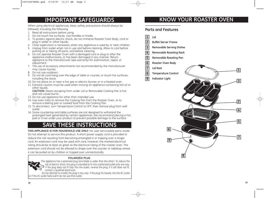 Save these instructions important safeguards, Know your roaster oven | GE 169154 User Manual | Page 2 / 5