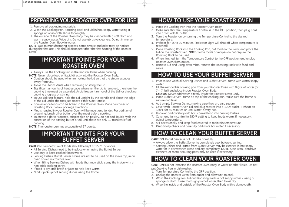 How to use your roaster oven, How to use your buffet server, How to clean your buffet server | Important points for your roaster oven, Important points for your buffet server | GE 169154 User Manual | Page 3 / 5