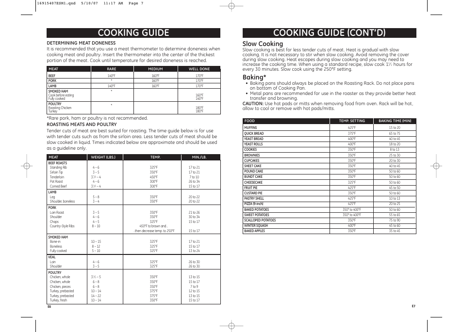 Cooking guide (cont’d), Cooking guide, Slow cooking | Baking | GE 169154 User Manual | Page 4 / 5