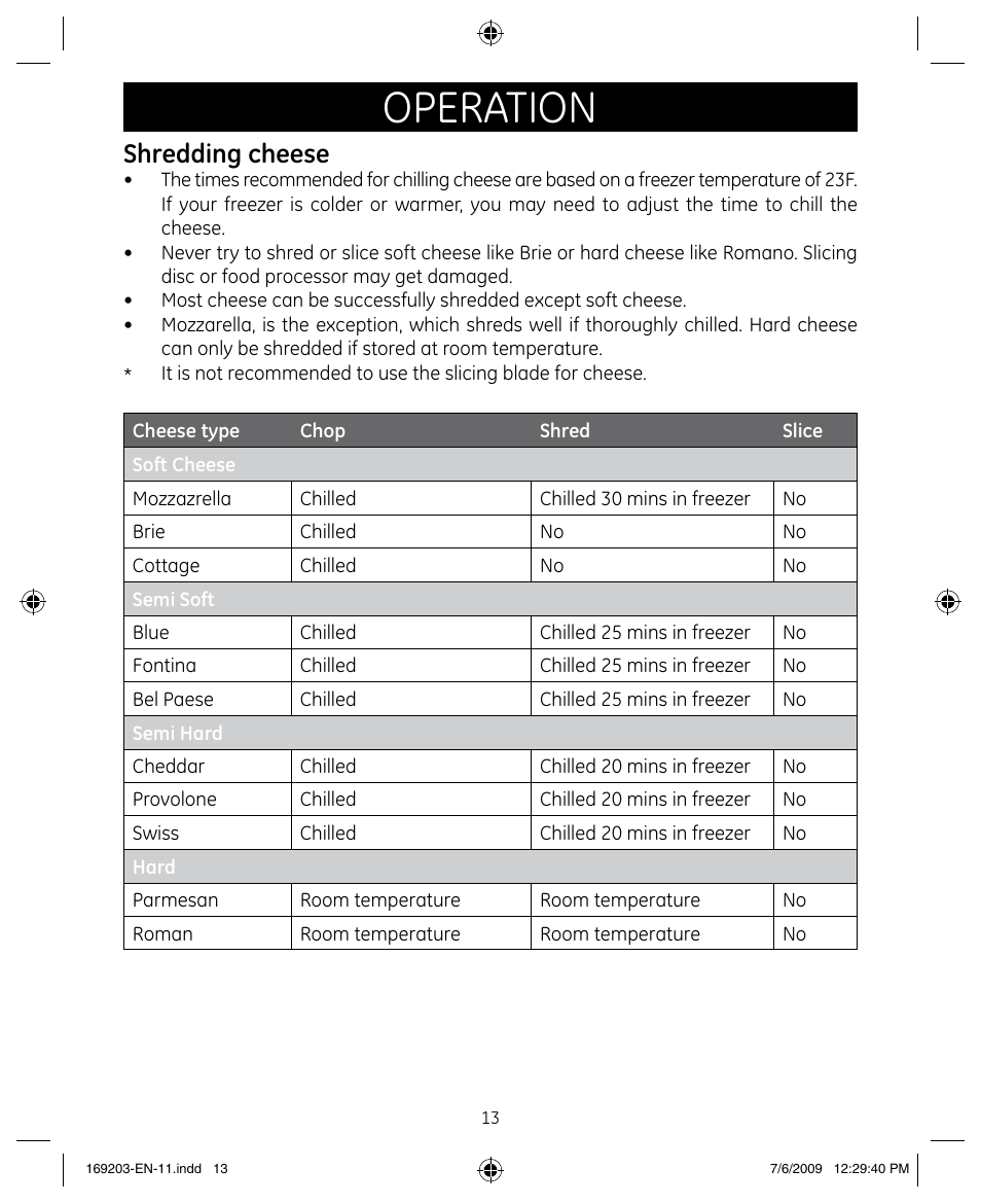 Operation, Shredding cheese | GE 169203 User Manual | Page 13 / 27