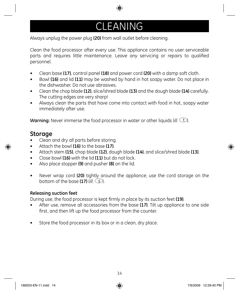 Cleaning, Storage | GE 169203 User Manual | Page 14 / 27