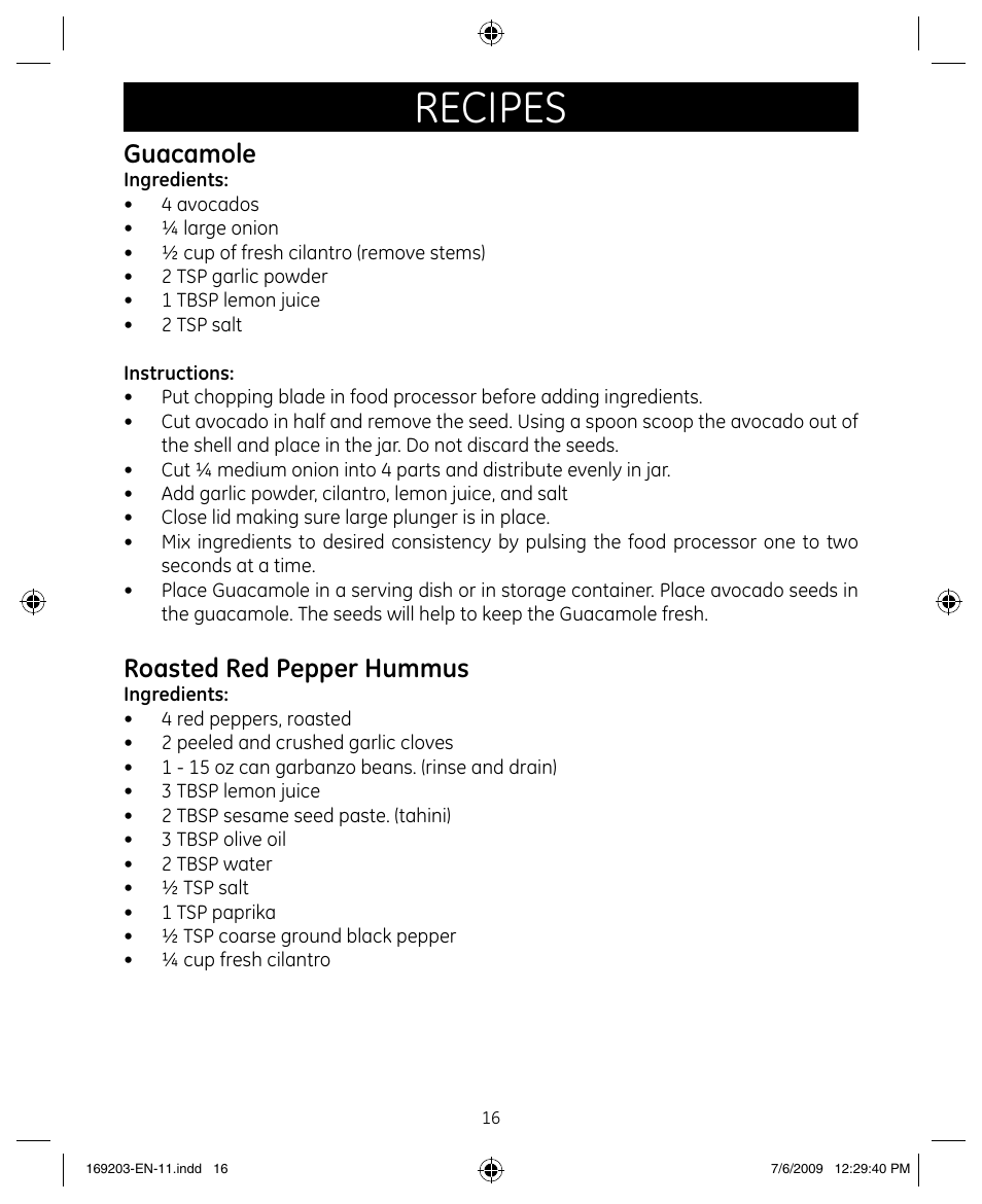 Recipes, Guacamole, Roasted red pepper hummus | GE 169203 User Manual | Page 16 / 27