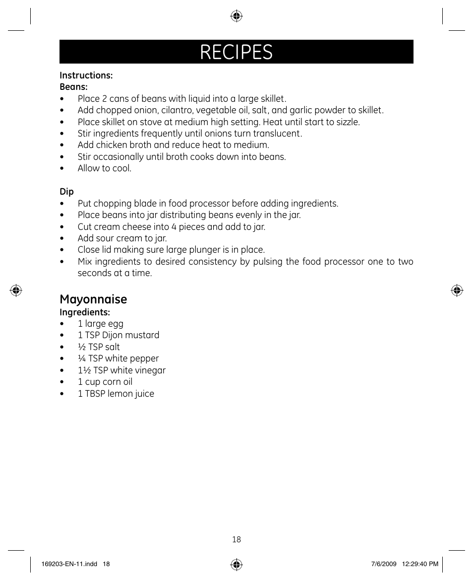 Recipes, Mayonnaise | GE 169203 User Manual | Page 18 / 27