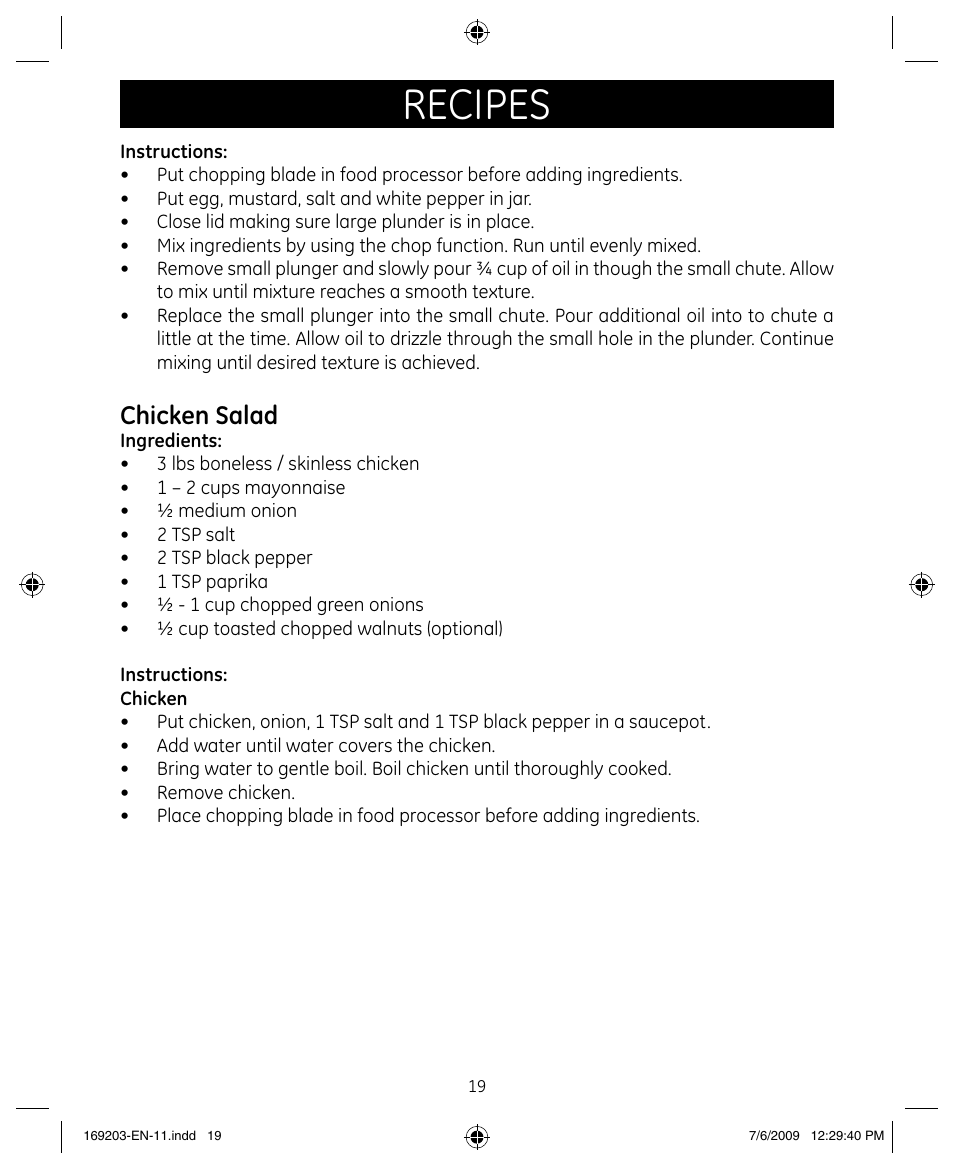 Recipes, Chicken salad | GE 169203 User Manual | Page 19 / 27