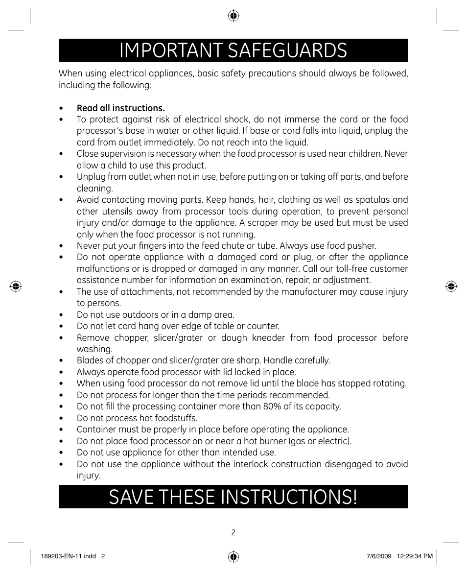 Important safeguards, Save these instructions | GE 169203 User Manual | Page 2 / 27