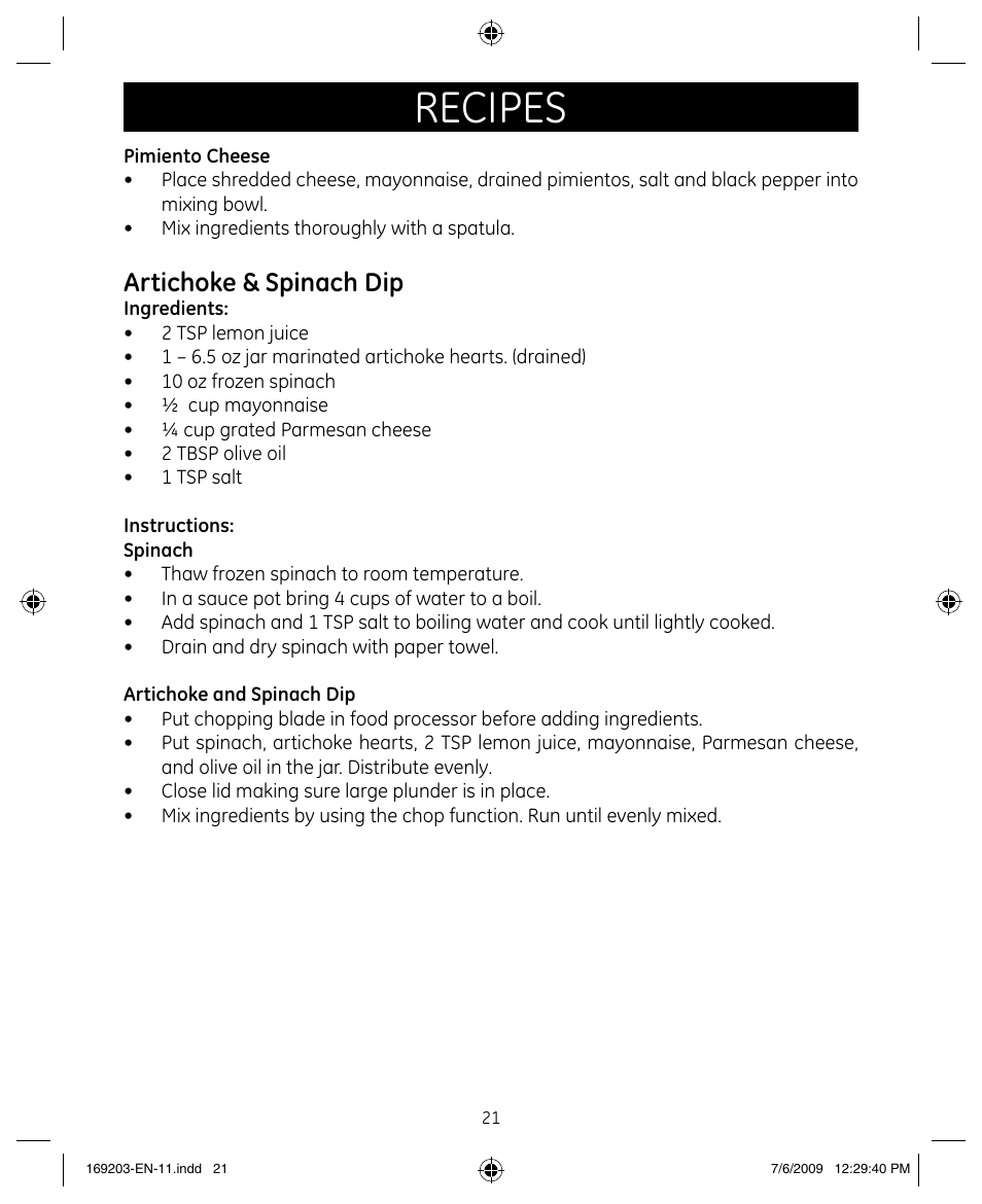 Recipes, Artichoke & spinach dip | GE 169203 User Manual | Page 21 / 27