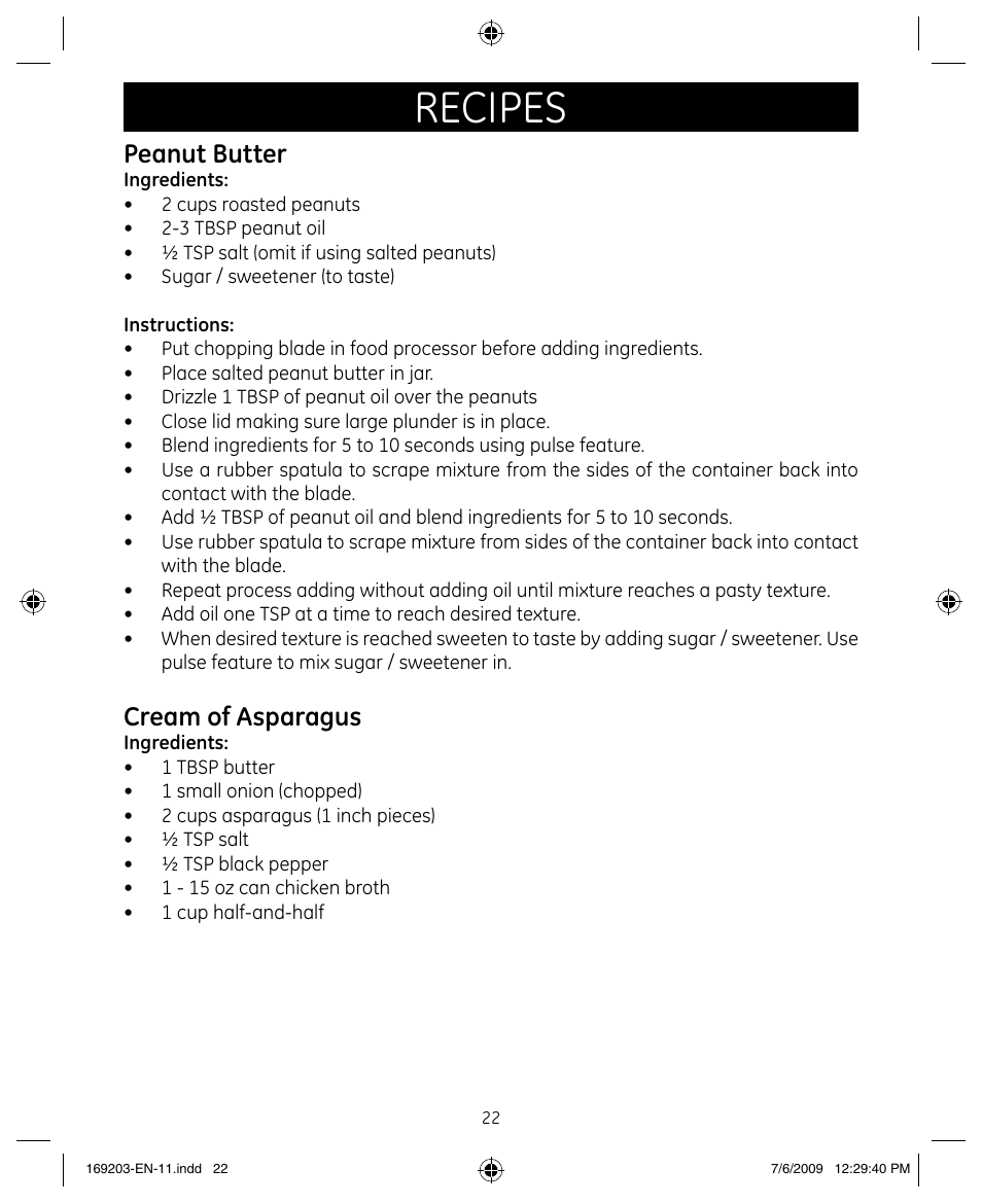 Recipes, Peanut butter, Cream of asparagus | GE 169203 User Manual | Page 22 / 27