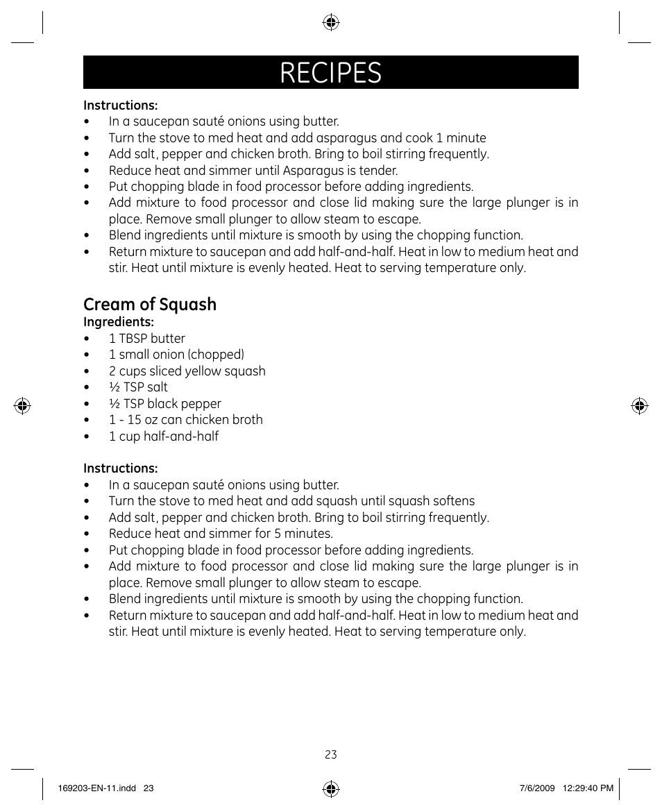 Recipes, Cream of squash | GE 169203 User Manual | Page 23 / 27